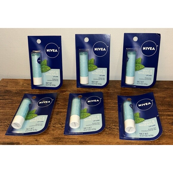 6 Packs, Nivea Mint & Mineral Refreshing Lip Care Shea & Peppermint Extract - Picture 1 of 7